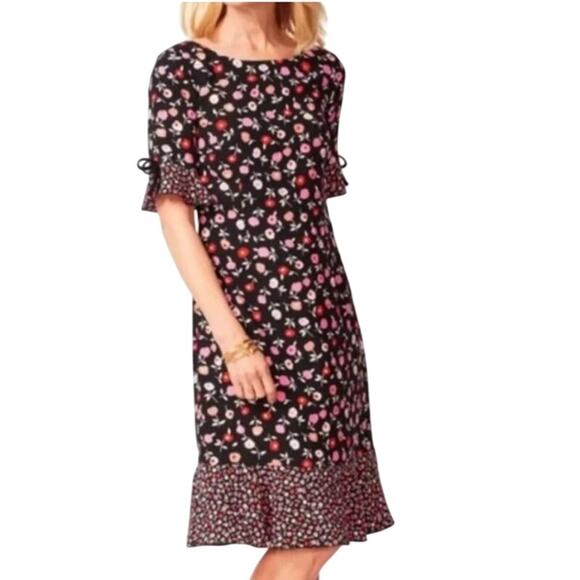 Talbots Women's Black Pink Foral Short Sleeve Ruffle Shift Dress Petite Size 14 - Picture 1 of 11